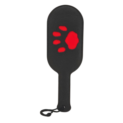 Puppy paddle with paw print imprint, available in red or black. Perfect for BDSM impact play and pup play enthusiasts. Keywords: puppy paddle, BDSM impact play paddle, paw print paddle, pup play gear, Prowler RED paddle, red paw print paddle, black paw print paddle, BDSM accessories, pup play fetish paddle, durable impact paddle, beginner-friendly BDSM gear.