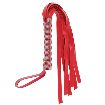 Red vegan leather flogger with a rhinestone-wrapped handle, 13-inch falls, and a wrist loop for secure and stylish bondage play. Keywords: Amor Sparkle Flogger, red flogger, rhinestone handle, vegan leather flogger, BDSM whip, Sportsheets flogger, bondage accessories, luxury flogger, red BDSM tools, beginner BDSM toys, wrist loop flogger, whips and paddles, kinky accessories.