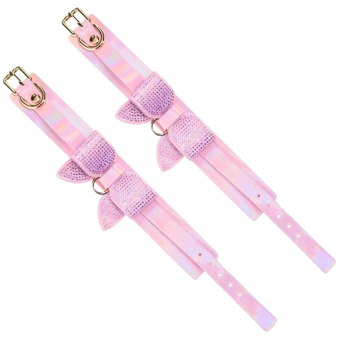 Adjustable handcuffs with rhinestone bows and a gold chain leash, available in black, pink, and blue for stylish and playful BDSM use.