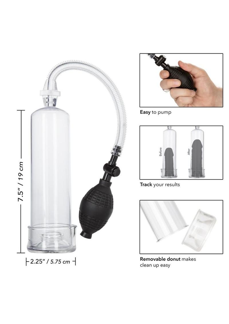 Clear cylinder erection pump with adjustable suction, soft donut, and quick air-release button. 

Dr. Joel Kaplan erection pump, clear cylinder penis pump, girth enhancement pump, stamina booster pump, adjustable suction pump, quick air-release penis pump, phthalate-free erection pump, easy-clean penis pump, beginner penis pump, soft donut penis pump.