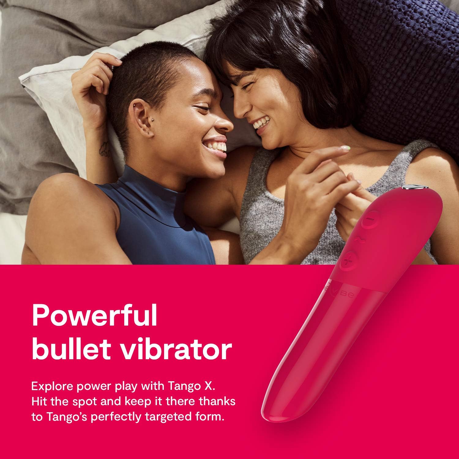 We-Vibe Tango X bullet vibrator in Cherry Red and Midnight Blue with 8 vibration modes, waterproof design, and ergonomic grip.
