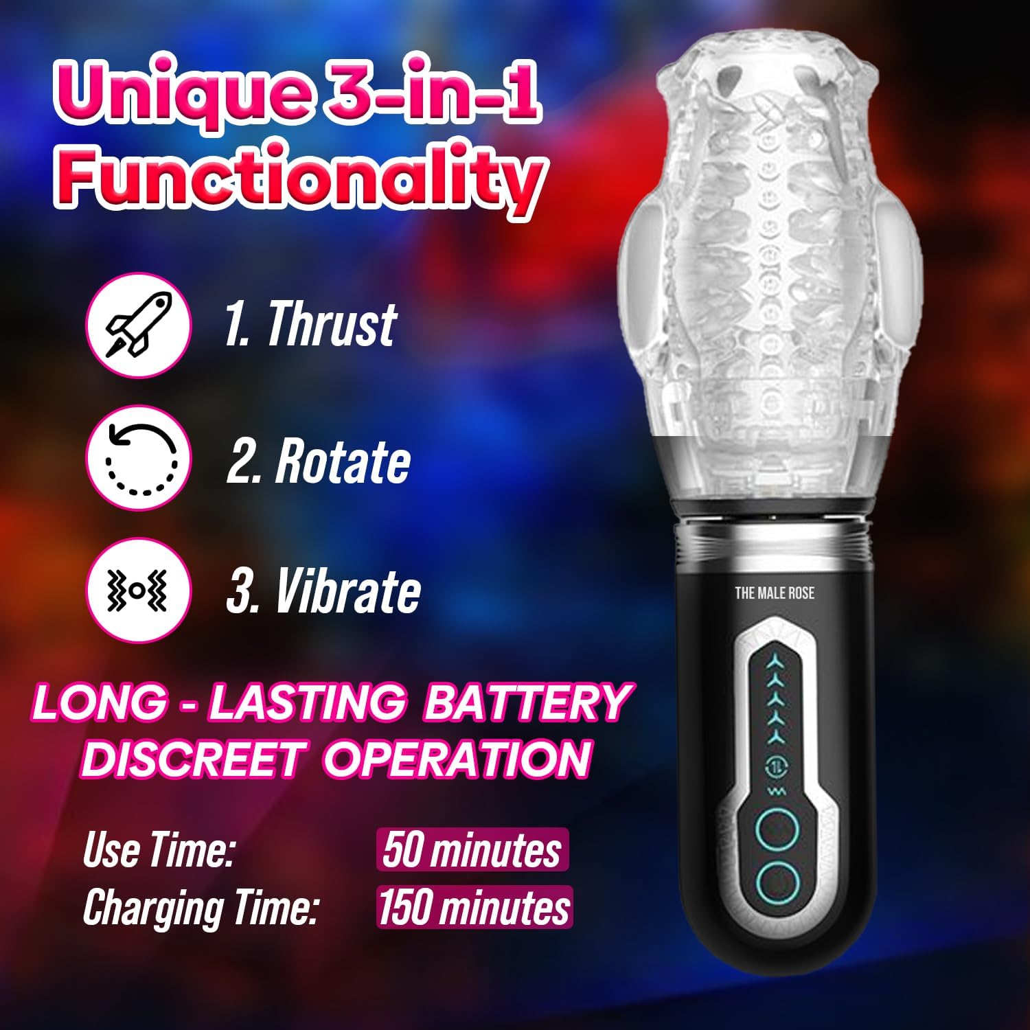 Male Rose 3 Thrusting, Rotating, Vibrating Masturbator with transparent design and detachable sleeve.

Male Rose 3, thrusting penis masturbator, vibrating male toy, rotating masturbation cup, oral sex simulator, rechargeable male masturbator, transparent masturbator cup, realistic male toy, penis training device, waterproof sleeve masturbator.