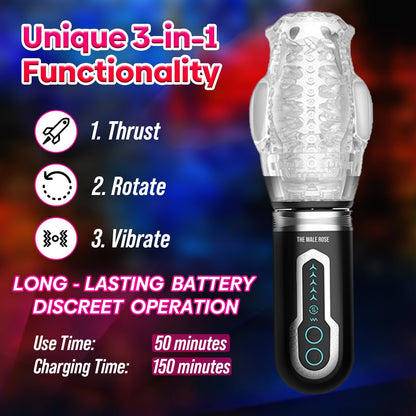 Male Rose 3 Thrusting, Rotating, Vibrating Masturbator with transparent design and detachable sleeve.

Male Rose 3, thrusting penis masturbator, vibrating male toy, rotating masturbation cup, oral sex simulator, rechargeable male masturbator, transparent masturbator cup, realistic male toy, penis training device, waterproof sleeve masturbator.