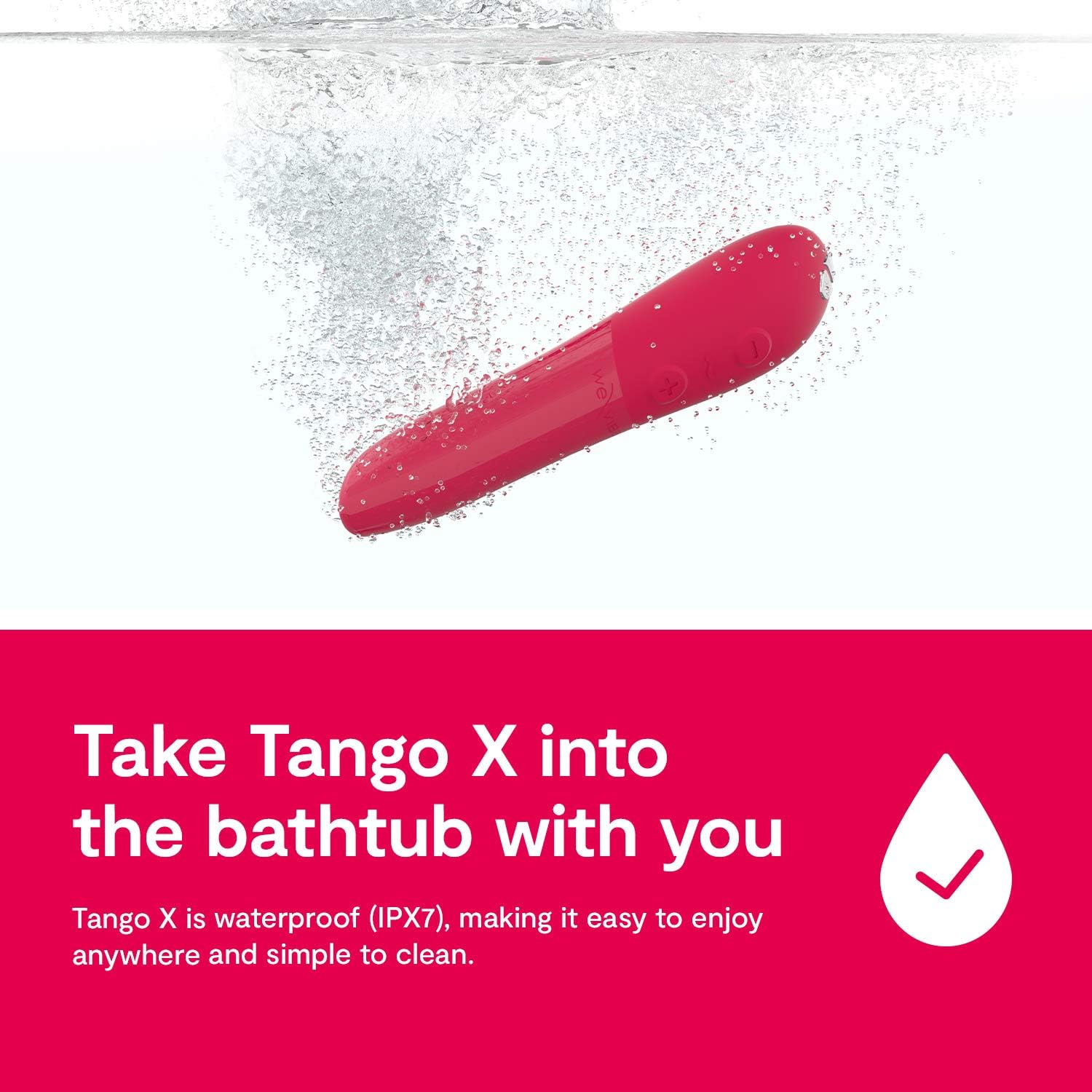 We-Vibe Tango X bullet vibrator in Cherry Red and Midnight Blue with 8 vibration modes, waterproof design, and ergonomic grip.
