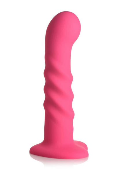 Enhance your playtime with the Simply Sweet Ribbed Dildo, featuring three textured ribs, 3 speeds and 7 patterns of vibration, and a remote control for effortless pleasure. Pink ribbed silicone dildo with vibrations, remote-controlled, harness-compatible suction base, waterproof, body-safe, phthalate-free. Keywords: pink silicone vibrating dildo, ribbed silicone dildo, G-spot vibrator, P-spot vibrator, harness-compatible dildo, suction cup dildo, waterproof vibrating dildo, remote-controlled sex toy, rechar