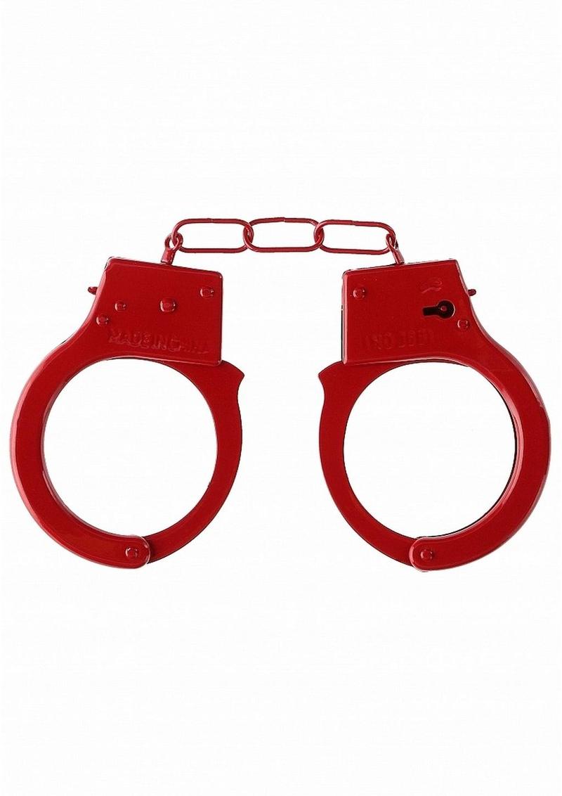 Beginner's Metal Handcuffs by Shots Toys in purple, pink, red, or silver with quick-release button and secure locking mechanism.
Beginner's Metal Handcuffs, colorful handcuffs, purple handcuffs, pink handcuffs, red handcuffs, silver handcuffs, quick-release handcuffs, bondage handcuffs, beginner bondage gear, metal handcuffs, playful restraint cuffs.