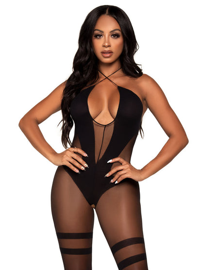 Opaque and Sheer Crotchless Keyhole Twist Halter Bodystocking | Leg Avenue