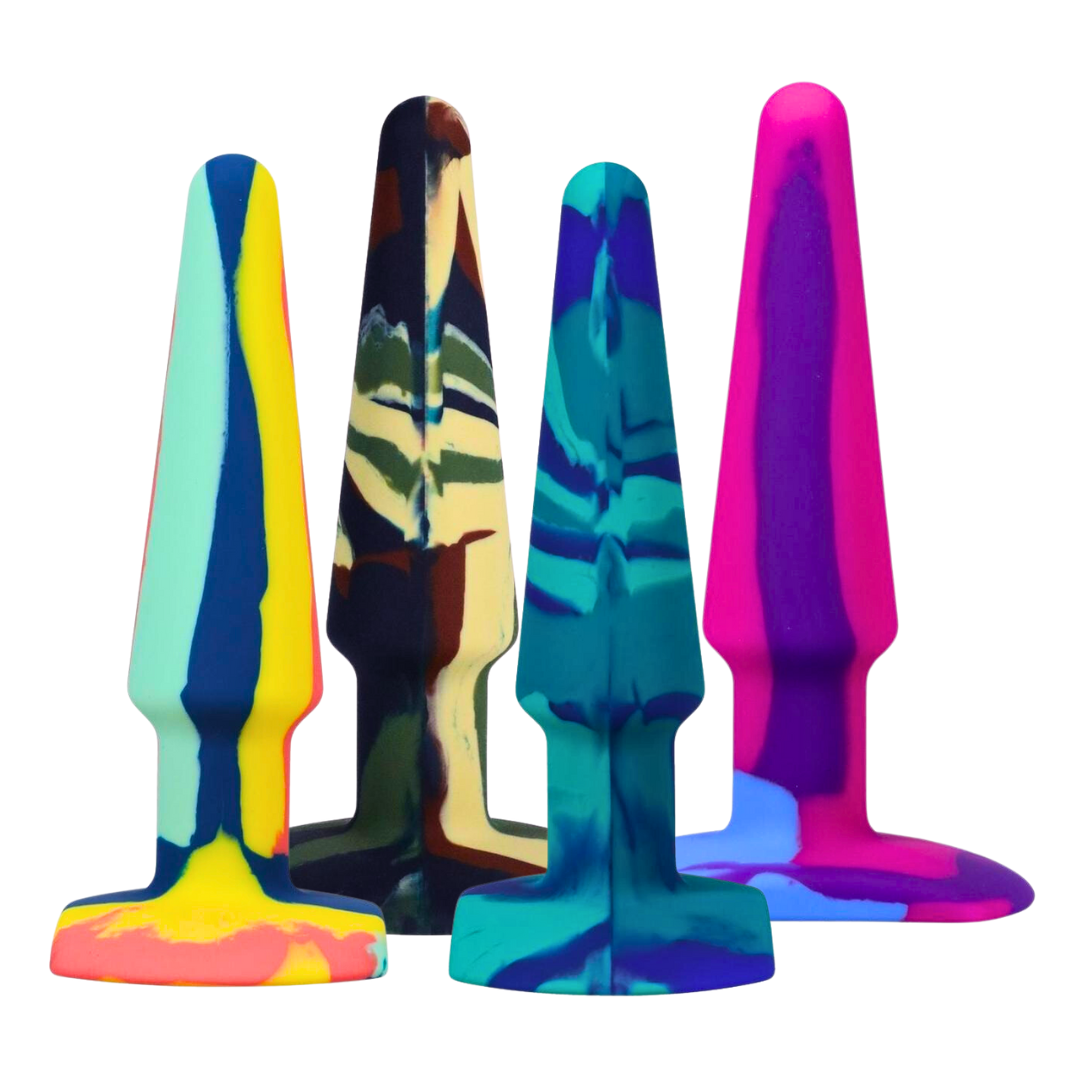 A-Play Groovy Anal Plug: Multi-colored silicone plug with tapered tip, wide base, body-safe materials, and flexible design.