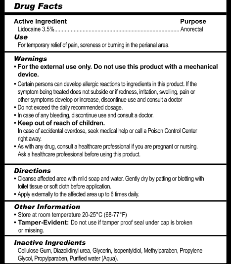 Active Ingredient
Lidocaine 3.5% ............................................................... Anorectal

Purpose
For temporary relief of pain, soreness, or burning in the perianal area.

Use

For temporary relief of pain, soreness, or burning in the perianal area.
Warnings

For external use only. Do not use this product with a mechanical device.
Certain persons can develop allergic reactions to ingredients in this product. If the symptom being treated does not subside or if redness, irritation, swelling,