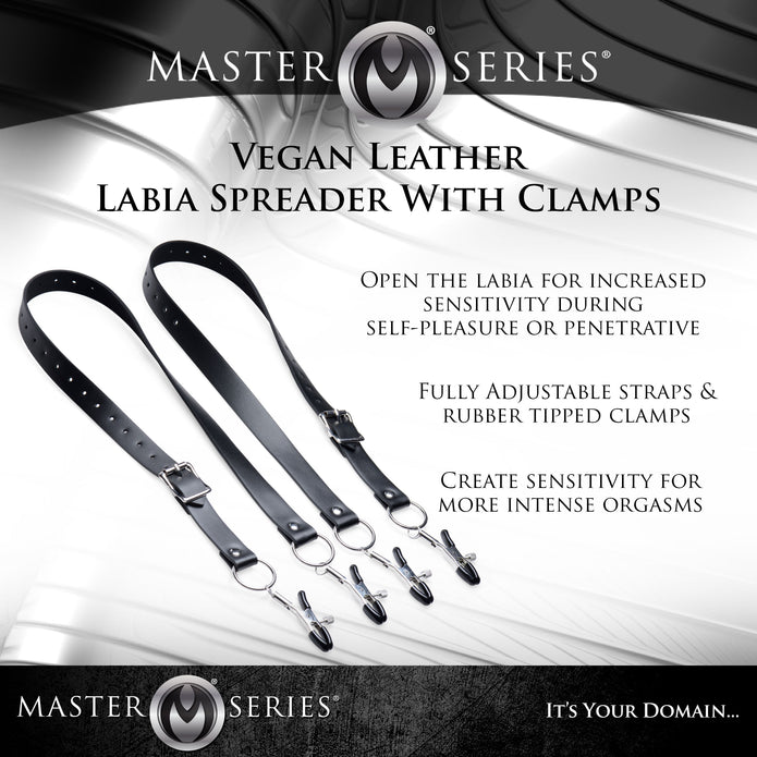 Master Series Spread Labia Spreader Straps with adjustable PU leather straps, rubber-tipped clamps, and customizable pressure for BDSM play.