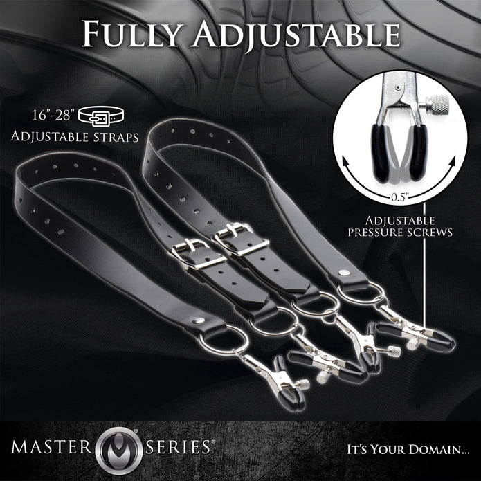 Master Series Spread Labia Spreader Straps with adjustable PU leather straps, rubber-tipped clamps, and customizable pressure for BDSM play.