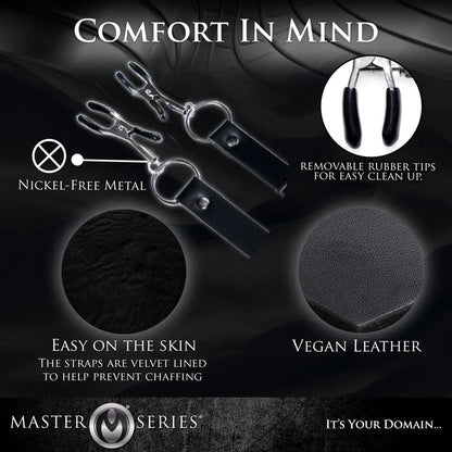 Master Series Spread Labia Spreader Straps with adjustable PU leather straps, rubber-tipped clamps, and customizable pressure for BDSM play.