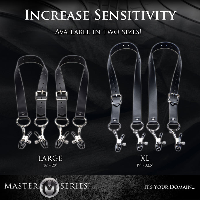 Master Series Spread Labia Spreader Straps with adjustable PU leather straps, rubber-tipped clamps, and customizable pressure for BDSM play.