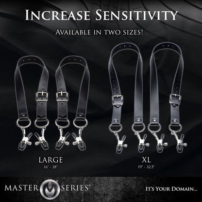 Master Series Spread Labia Spreader Straps with adjustable PU leather straps, rubber-tipped clamps, and customizable pressure for BDSM play.