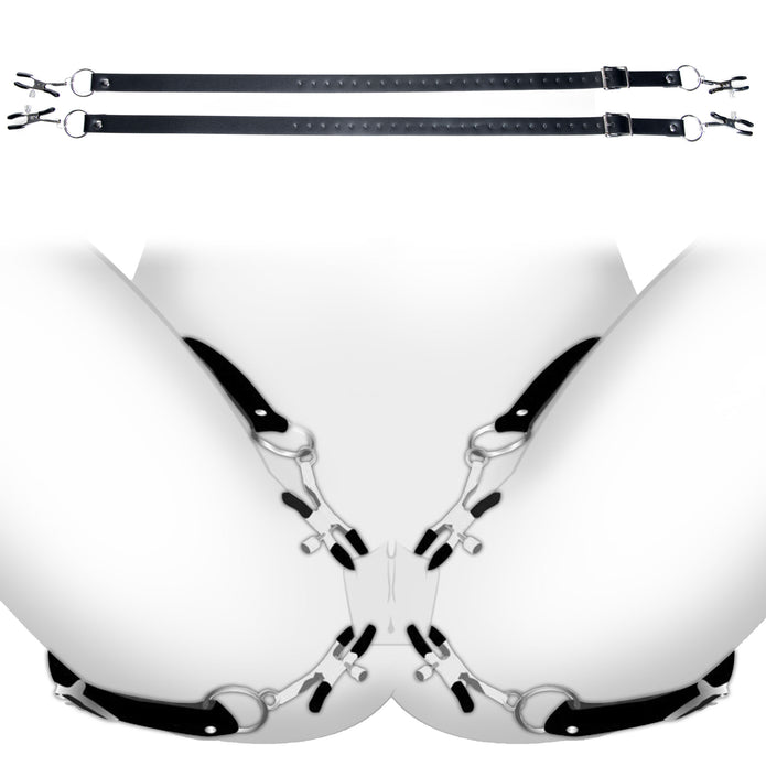 Master Series Spread Labia Spreader Straps with adjustable PU leather straps, rubber-tipped clamps, and customizable pressure for BDSM play.