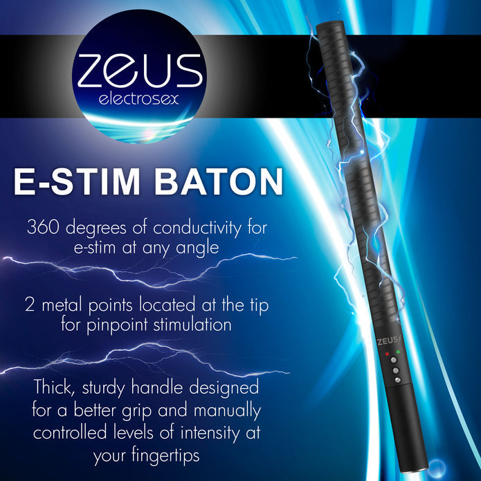 Electro baton with 360° e-stim surface, pinpoint tips, and adjustable intensity for BDSM play. Keywords: e-stim baton, 360 electro baton, Zeus electro baton, e-stim impact toy, pinpoint electro toy, BDSM shock baton, rechargeable e-stim toy, body-safe electro baton, Zeus e-stim BDSM gear, adjustable e-stim baton.