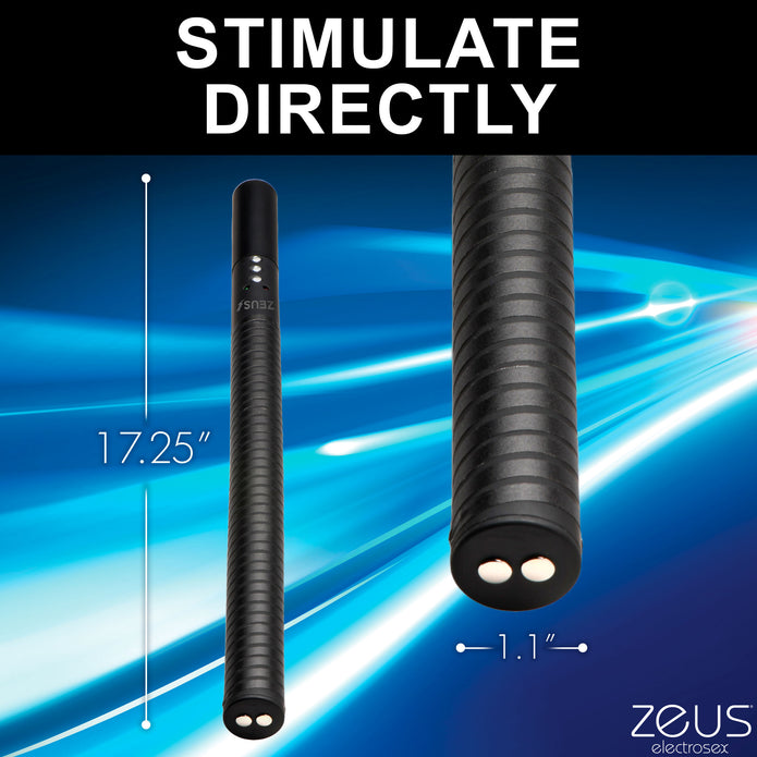 Electro baton with 360° e-stim surface, pinpoint tips, and adjustable intensity for BDSM play. Keywords: e-stim baton, 360 electro baton, Zeus electro baton, e-stim impact toy, pinpoint electro toy, BDSM shock baton, rechargeable e-stim toy, body-safe electro baton, Zeus e-stim BDSM gear, adjustable e-stim baton.