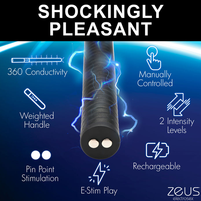 Electro baton with 360° e-stim surface, pinpoint tips, and adjustable intensity for BDSM play. Keywords: e-stim baton, 360 electro baton, Zeus electro baton, e-stim impact toy, pinpoint electro toy, BDSM shock baton, rechargeable e-stim toy, body-safe electro baton, Zeus e-stim BDSM gear, adjustable e-stim baton.