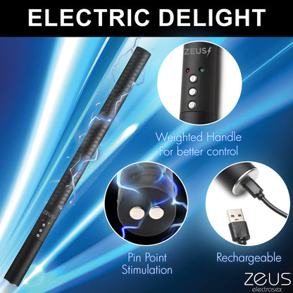 Electro baton with 360° e-stim surface, pinpoint tips, and adjustable intensity for BDSM play. Keywords: e-stim baton, 360 electro baton, Zeus electro baton, e-stim impact toy, pinpoint electro toy, BDSM shock baton, rechargeable e-stim toy, body-safe electro baton, Zeus e-stim BDSM gear, adjustable e-stim baton.