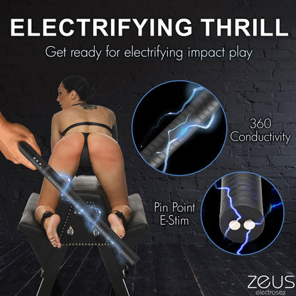 Electro baton with 360° e-stim surface, pinpoint tips, and adjustable intensity for BDSM play. Keywords: e-stim baton, 360 electro baton, Zeus electro baton, e-stim impact toy, pinpoint electro toy, BDSM shock baton, rechargeable e-stim toy, body-safe electro baton, Zeus e-stim BDSM gear, adjustable e-stim baton.