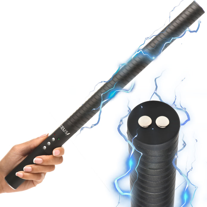 Electro baton with 360° e-stim surface, pinpoint tips, and adjustable intensity for BDSM play. Keywords: e-stim baton, 360 electro baton, Zeus electro baton, e-stim impact toy, pinpoint electro toy, BDSM shock baton, rechargeable e-stim toy, body-safe electro baton, Zeus e-stim BDSM gear, adjustable e-stim baton.