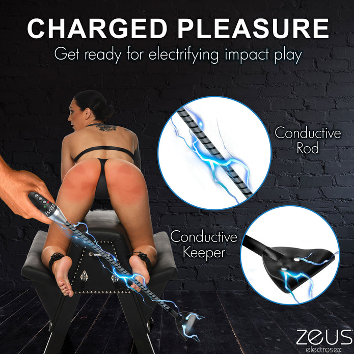 Electro crop with vegan leather tip, adjustable e-stim levels, and sturdy handle for BDSM play. Keywords: e-stim crop, Zeus electro crop, e-stim impact toy, electro BDSM crop, electrosex impact toy, vegan leather crop, e-stim BDSM gear, rechargeable crop, conductive rod crop, Zeus e-stim play. 