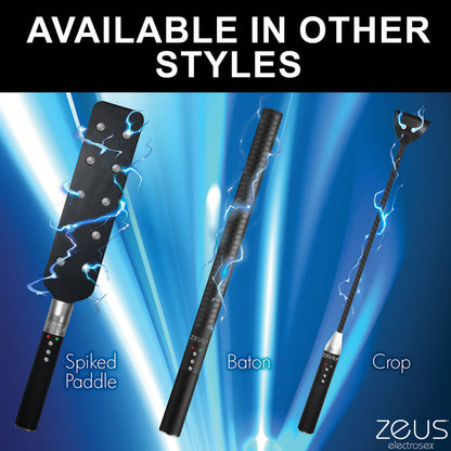 Electro crop with vegan leather tip, adjustable e-stim levels, and sturdy handle for BDSM play. Keywords: e-stim crop, Zeus electro crop, e-stim impact toy, electro BDSM crop, electrosex impact toy, vegan leather crop, e-stim BDSM gear, rechargeable crop, conductive rod crop, Zeus e-stim play. 