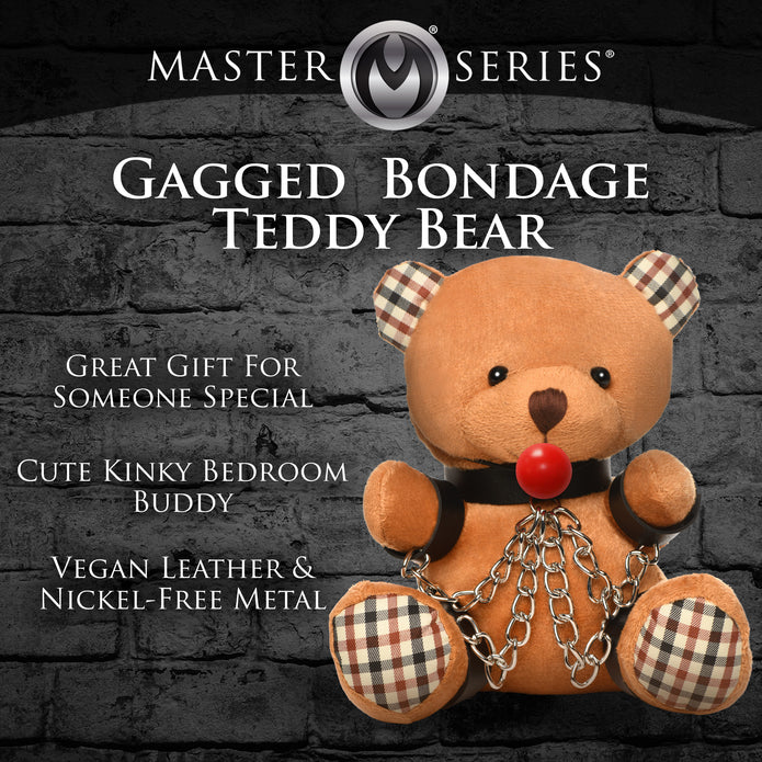 Restrained teddy bear with a ball gag, cuffs, and nickel-free chains—soft and cuddly with a playful BDSM theme.

