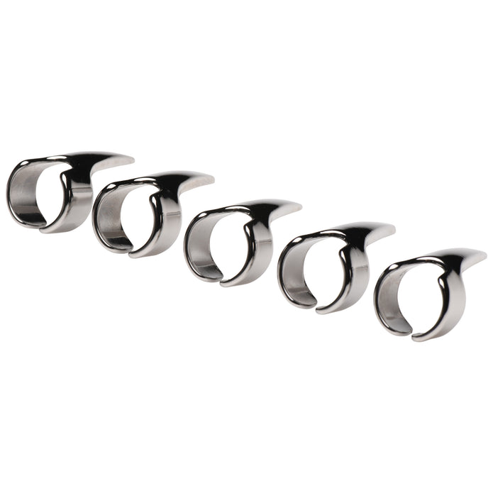 Set of five adjustable stainless steel claw rings for sensation play, designed for scratching, caressing, and e-stim, made from nickel-free metal. Keywords: Claw ring set, stainless steel claws, BDSM claws, sensation play, e-stim compatible, nickel-free claws, adjustable rings, scratching play, kinky accessories, metal claw rings, fetish tools, Master Series claws, stainless steel fetish gear.