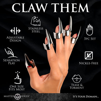 Set of five adjustable stainless steel claw rings for sensation play, designed for scratching, caressing, and e-stim, made from nickel-free metal. Keywords: Claw ring set, stainless steel claws, BDSM claws, sensation play, e-stim compatible, nickel-free claws, adjustable rings, scratching play, kinky accessories, metal claw rings, fetish tools, Master Series claws, stainless steel fetish gear.