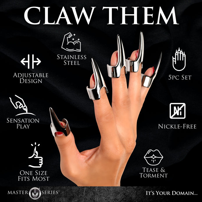 Set of five adjustable stainless steel claw rings for sensation play, designed for scratching, caressing, and e-stim, made from nickel-free metal. Keywords: Claw ring set, stainless steel claws, BDSM claws, sensation play, e-stim compatible, nickel-free claws, adjustable rings, scratching play, kinky accessories, metal claw rings, fetish tools, Master Series claws, stainless steel fetish gear.