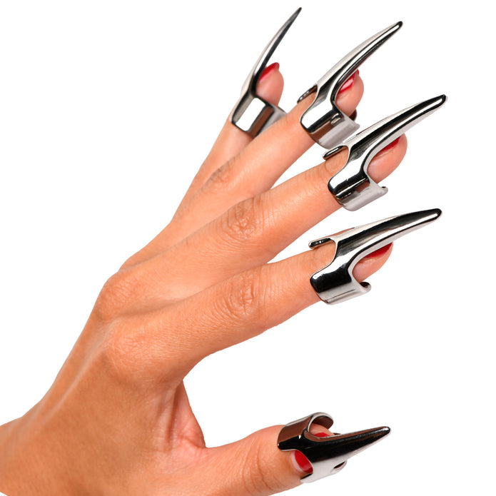 Set of five adjustable stainless steel claw rings for sensation play, designed for scratching, caressing, and e-stim, made from nickel-free metal. Keywords: Claw ring set, stainless steel claws, BDSM claws, sensation play, e-stim compatible, nickel-free claws, adjustable rings, scratching play, kinky accessories, metal claw rings, fetish tools, Master Series claws, stainless steel fetish gear.