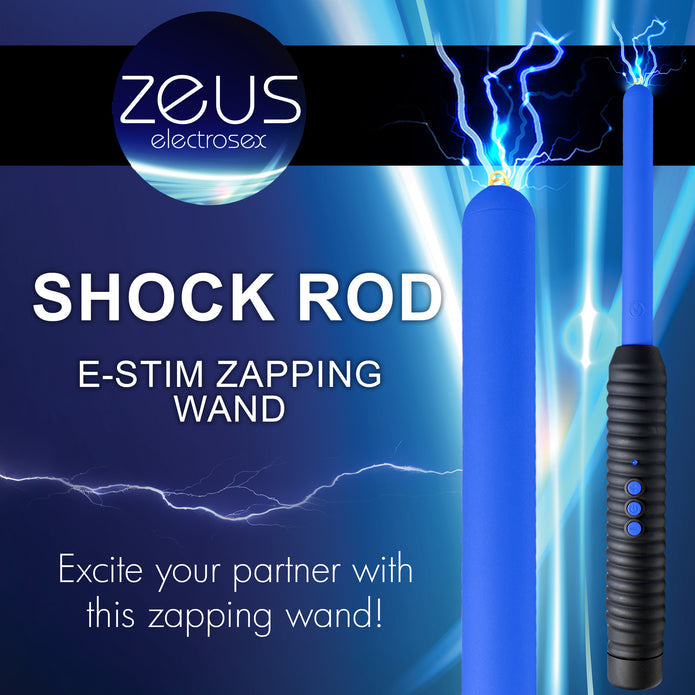 Zeus Electrosex Pinpoint Zapping Wand with two shock levels. Compact, black and blue ribbed handle for control. Perfect for intense sensory play.  Keywords: electrosex wand, Zeus zapping wand, BDSM e-stim tool, pinpoint electro wand, sensory play zapper, e-stim intensity wand, ribbed handle wand, portable electrosex toy, Zeus electro gear, electrical sensory toy.