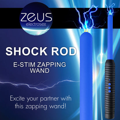 Zeus Electrosex Pinpoint Zapping Wand with two shock levels. Compact, black and blue ribbed handle for control. Perfect for intense sensory play.  Keywords: electrosex wand, Zeus zapping wand, BDSM e-stim tool, pinpoint electro wand, sensory play zapper, e-stim intensity wand, ribbed handle wand, portable electrosex toy, Zeus electro gear, electrical sensory toy.