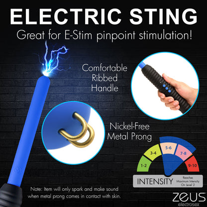 Zeus Electrosex Pinpoint Zapping Wand with two shock levels. Compact, black and blue ribbed handle for control. Perfect for intense sensory play.  Keywords: electrosex wand, Zeus zapping wand, BDSM e-stim tool, pinpoint electro wand, sensory play zapper, e-stim intensity wand, ribbed handle wand, portable electrosex toy, Zeus electro gear, electrical sensory toy.