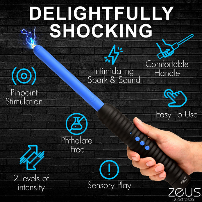 Zeus Electrosex Pinpoint Zapping Wand with two shock levels. Compact, black and blue ribbed handle for control. Perfect for intense sensory play.  Keywords: electrosex wand, Zeus zapping wand, BDSM e-stim tool, pinpoint electro wand, sensory play zapper, e-stim intensity wand, ribbed handle wand, portable electrosex toy, Zeus electro gear, electrical sensory toy.