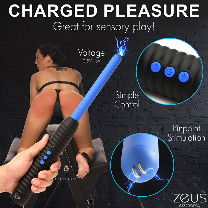 Zeus Electrosex Pinpoint Zapping Wand with two shock levels. Compact, black and blue ribbed handle for control. Perfect for intense sensory play.  Keywords: electrosex wand, Zeus zapping wand, BDSM e-stim tool, pinpoint electro wand, sensory play zapper, e-stim intensity wand, ribbed handle wand, portable electrosex toy, Zeus electro gear, electrical sensory toy.