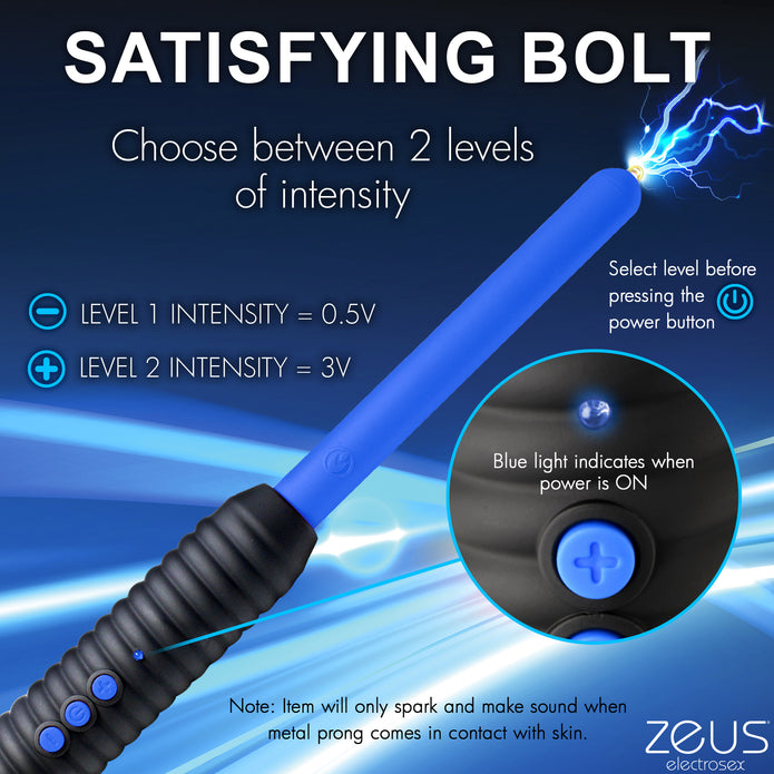 Zeus Electrosex Pinpoint Zapping Wand with two shock levels. Compact, black and blue ribbed handle for control. Perfect for intense sensory play.  Keywords: electrosex wand, Zeus zapping wand, BDSM e-stim tool, pinpoint electro wand, sensory play zapper, e-stim intensity wand, ribbed handle wand, portable electrosex toy, Zeus electro gear, electrical sensory toy.