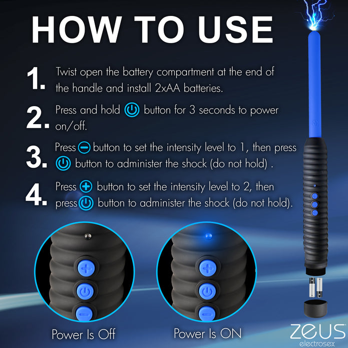 Zeus Electrosex Pinpoint Zapping Wand with two shock levels. Compact, black and blue ribbed handle for control. Perfect for intense sensory play.  Keywords: electrosex wand, Zeus zapping wand, BDSM e-stim tool, pinpoint electro wand, sensory play zapper, e-stim intensity wand, ribbed handle wand, portable electrosex toy, Zeus electro gear, electrical sensory toy.