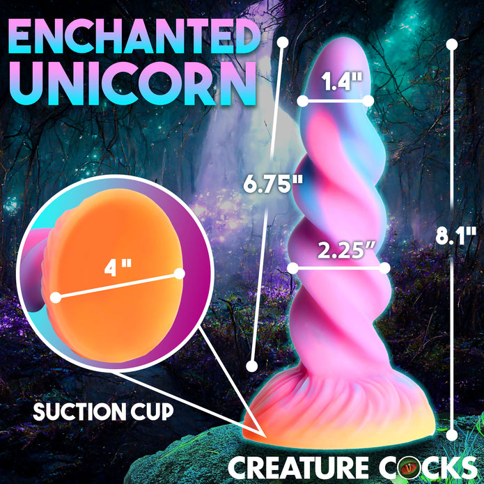 Glow-in-the-dark unicorn dildo with a spiral horn design, suction cup base, and harness compatibility for fantasy roleplay.

unicorn dildo, glow-in-the-dark dildo, spiral horn design, suction cup base, harness compatible, fantasy roleplay toy, body-safe silicone, premium silicone dildo, colorful sex toy, hands-free dildo.