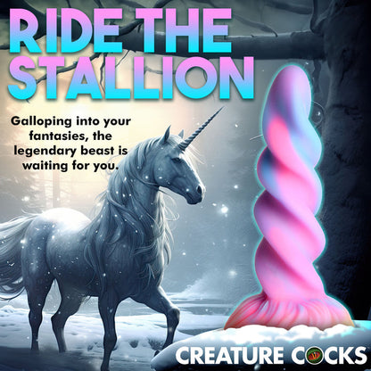 Glow-in-the-dark unicorn dildo with a spiral horn design, suction cup base, and harness compatibility for fantasy roleplay.

unicorn dildo, glow-in-the-dark dildo, spiral horn design, suction cup base, harness compatible, fantasy roleplay toy, body-safe silicone, premium silicone dildo, colorful sex toy, hands-free dildo.