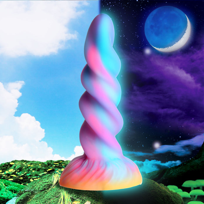 Glow-in-the-dark unicorn dildo with a spiral horn design, suction cup base, and harness compatibility for fantasy roleplay.

unicorn dildo, glow-in-the-dark dildo, spiral horn design, suction cup base, harness compatible, fantasy roleplay toy, body-safe silicone, premium silicone dildo, colorful sex toy, hands-free dildo.