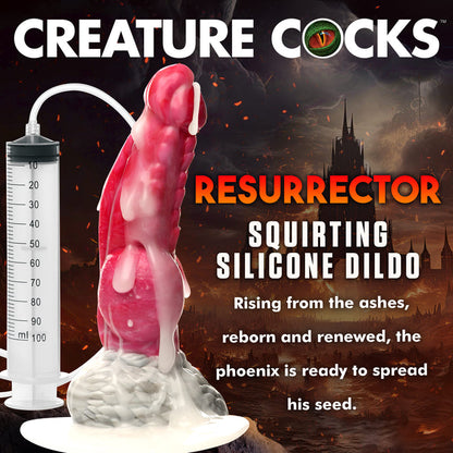 Red and white phoenix squirting dildo with textured shaft, knotted base, suction cup, and a syringe for explosive fluid play.

phoenix squirting dildo, fantasy dildo, mythical dildo, squirting silicone dildo, knotted dildo, suction cup dildo, strap-on compatible dildo, premium body-safe silicone, textured fantasy dildo, Resurrector Phoenix sex toy