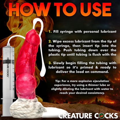 Red and white phoenix squirting dildo with textured shaft, knotted base, suction cup, and a syringe for explosive fluid play.

phoenix squirting dildo, fantasy dildo, mythical dildo, squirting silicone dildo, knotted dildo, suction cup dildo, strap-on compatible dildo, premium body-safe silicone, textured fantasy dildo, Resurrector Phoenix sex toy