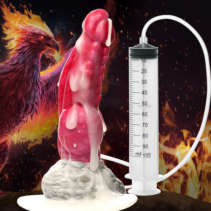 Red and white phoenix squirting dildo with textured shaft, knotted base, suction cup, and a syringe for explosive fluid play.

phoenix squirting dildo, fantasy dildo, mythical dildo, squirting silicone dildo, knotted dildo, suction cup dildo, strap-on compatible dildo, premium body-safe silicone, textured fantasy dildo, Resurrector Phoenix sex toy