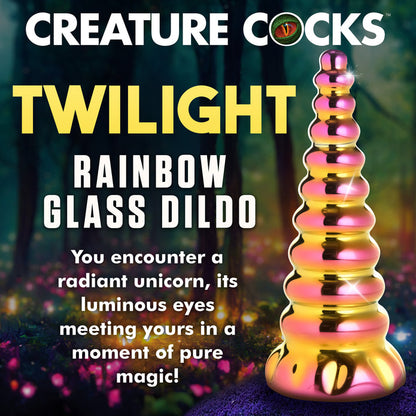 Pink and yellow-gold unicorn horn glass dildo with tapered tip, graduated bumps, body-safe borosilicate glass, and temperature play compatibility.

unicorn horn dildo, Twilight Rainbow glass dong, fantasy glass dildo, borosilicate glass unicorn horn, temperature play glass dildo, iridescent fantasy dildo, smooth glass unicorn toy, non-porous glass dong, creature cocks dildo, phthalate-free glass toy