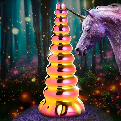 Pink and yellow-gold unicorn horn glass dildo with tapered tip, graduated bumps, body-safe borosilicate glass, and temperature play compatibility.

unicorn horn dildo, Twilight Rainbow glass dong, fantasy glass dildo, borosilicate glass unicorn horn, temperature play glass dildo, iridescent fantasy dildo, smooth glass unicorn toy, non-porous glass dong, creature cocks dildo, phthalate-free glass toy