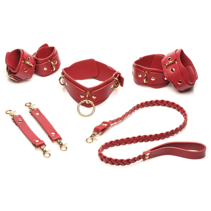 Vegan leather bondage set in black or red with gold accents. Includes cuffs, collar, leash, and connectors for versatile restraint play. Keywords: vegan leather bondage set, red and gold BDSM set, black and gold bondage set, adjustable BDSM cuffs, vegan leather collar, nickel-free bondage gear, braided leash BDSM, luxury bondage set, complete BDSM restraint kit, beginner-friendly bondage gear, stylish BDSM accessories.