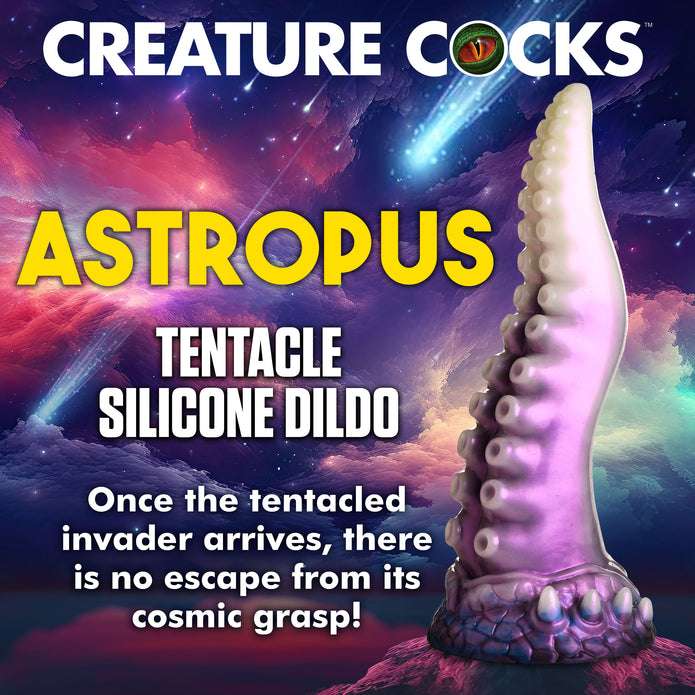 Pearly white, purple, and blue tentacle dildo with textured suckers, a suction-cup base, and a wide, tapered shaft for intergalactic roleplay.

tentacle dildo, fantasy dildo, alien dildo, sci-fi dildo, suction cup dildo, harness-compatible dildo, premium silicone dildo, textured fantasy dildo, Astropus dildo, Creature Cocks tentacle toy