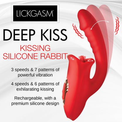 Dual-stimulation rabbit vibrator with ribbed shaft, clit-kissing mouth, waterproof design, and rechargeable premium silicone construction.

